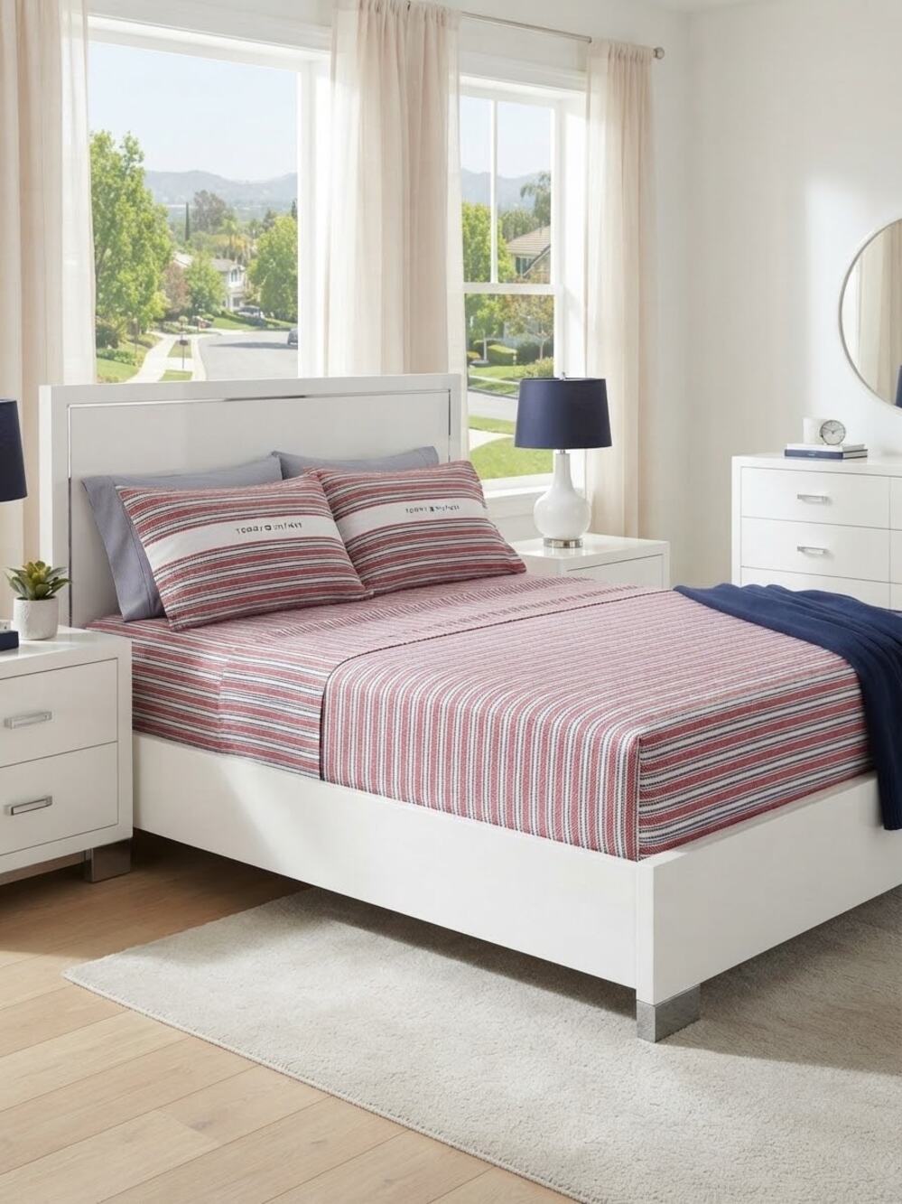 Tommy Hilfiger Highland Ticking Stripe Full Sheet Set Red White Blue New NWT